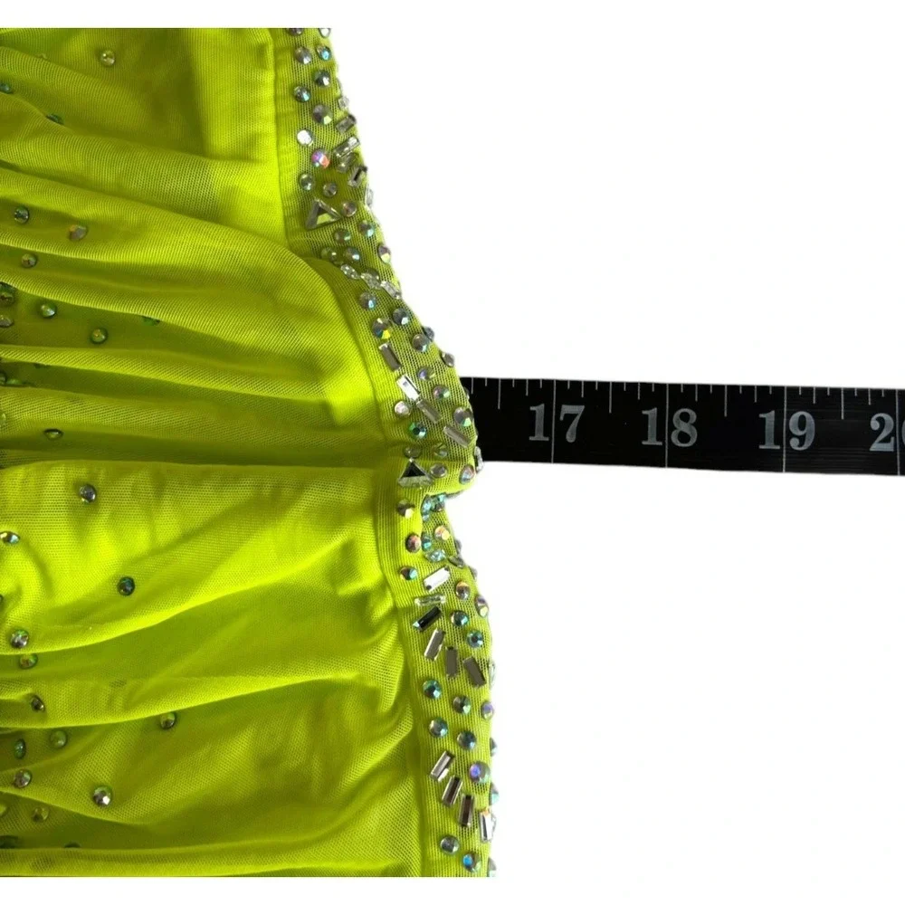 Banjul Neon Lime Green Corset Mini Dress Sz XS/S One Shoulder Rhinestone Beaded - Picture 10 of 11